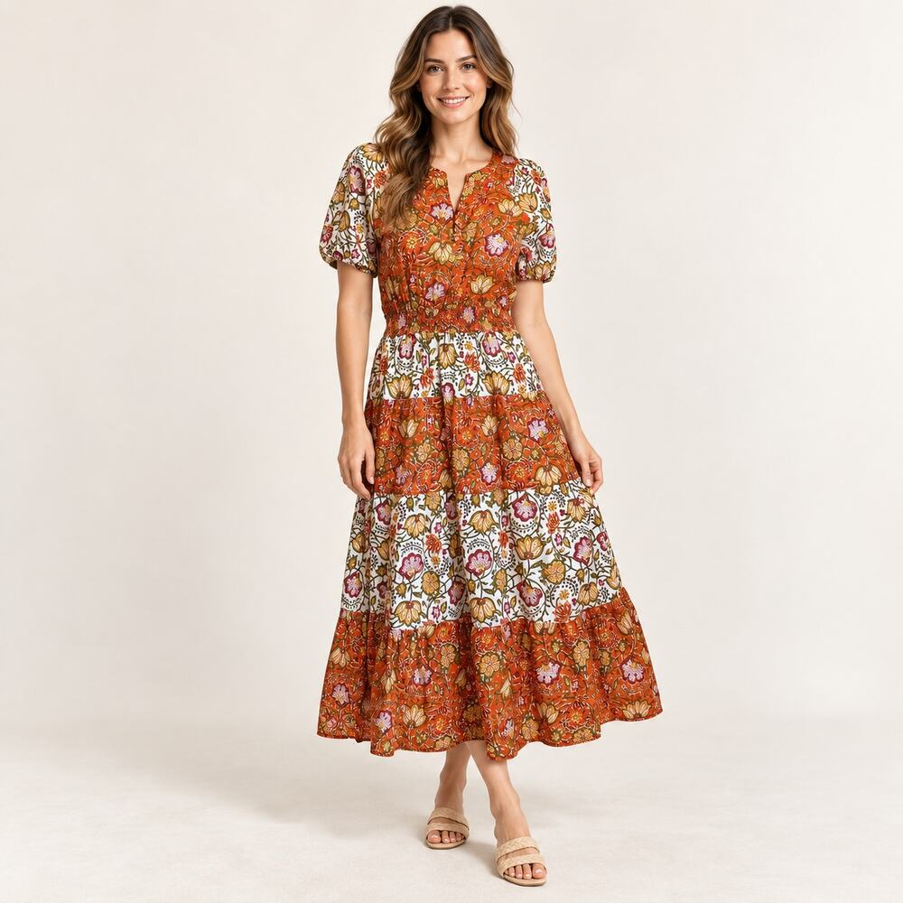 dRA Smocked Tiered Floral Midi Dress Orange Green Cottagecore Boho S